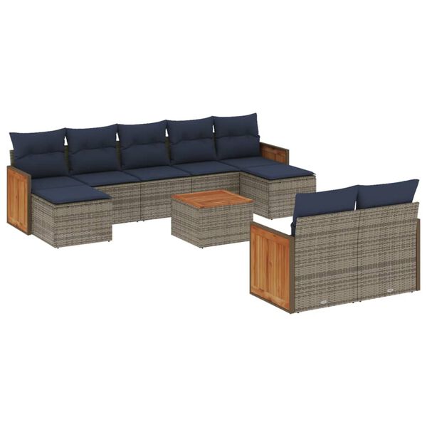 vidaXL 10-teiliges Gartensofa-Set mit Kissen, grau, Polyrattan