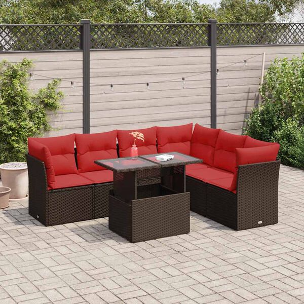 vidaXL 7-tlg. Garten-Sofagarnitur mit Kissen Braun Poly Rattan Akazie
