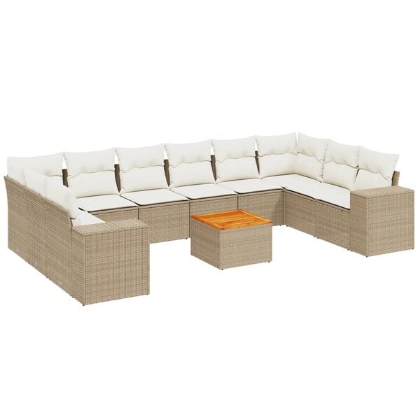 vidaXL 11-tlg. Garten-Sofagarnitur mit Kissen Beige Poly Rattan