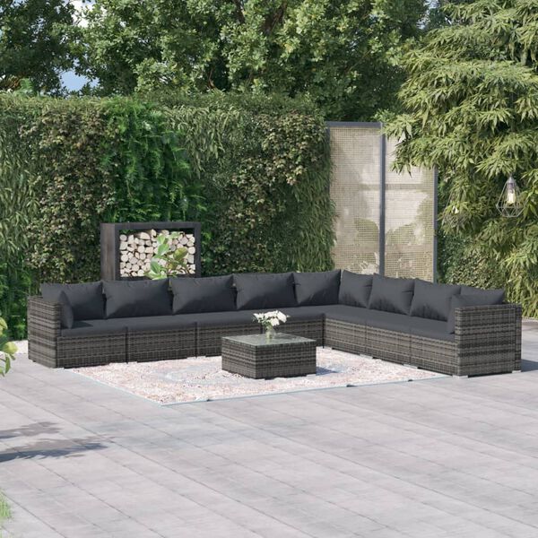 vidaXL 9-tlg. Garten-Lounge-Set mit Kissen Poly Rattan Grau