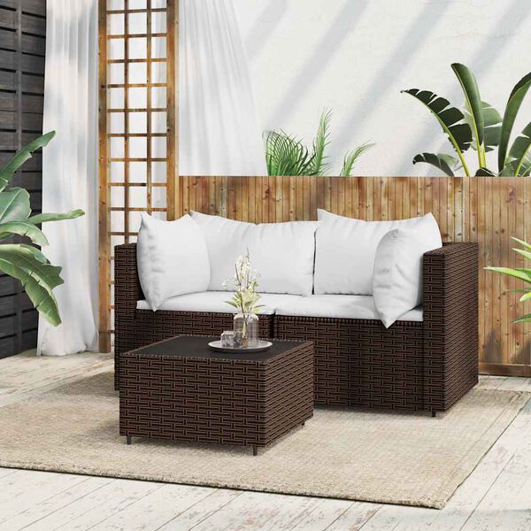 vidaXL 3-tlg. Garten-Lounge-Set mit Kissen Braun Poly Rattan