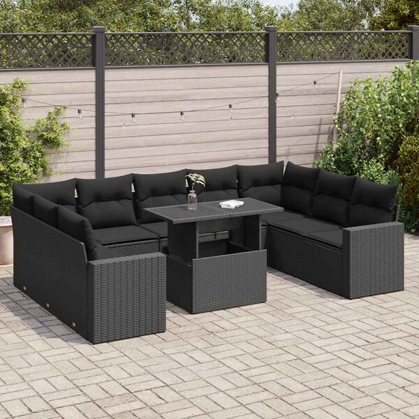 vidaXL 10-tlg. Garten-Sofagarnitur mit Kissen Schwarz Poly Rattan