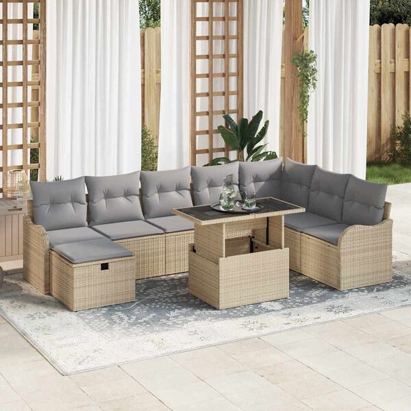 vidaXL Garten-Sofa-Set mit Kissen mit Speicher 9 pcs Beige Poly Rattan