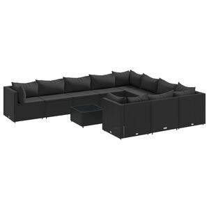 vidaXL 11-tlg. Garten-Sofagarnitur mit Kissen Schwarz Poly Rattan