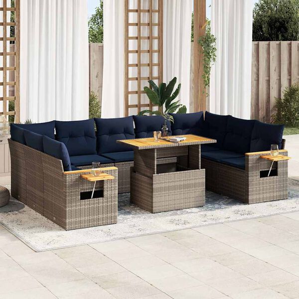 vidaXL 10-tlg. Garten-Sofagarnitur mit Kissen Grau Poly Rattan Akazie