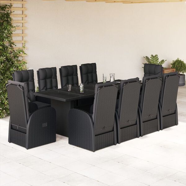 vidaXL 11-tlg. Garten-Essgruppe mit Kissen Schwarz Poly Rattan