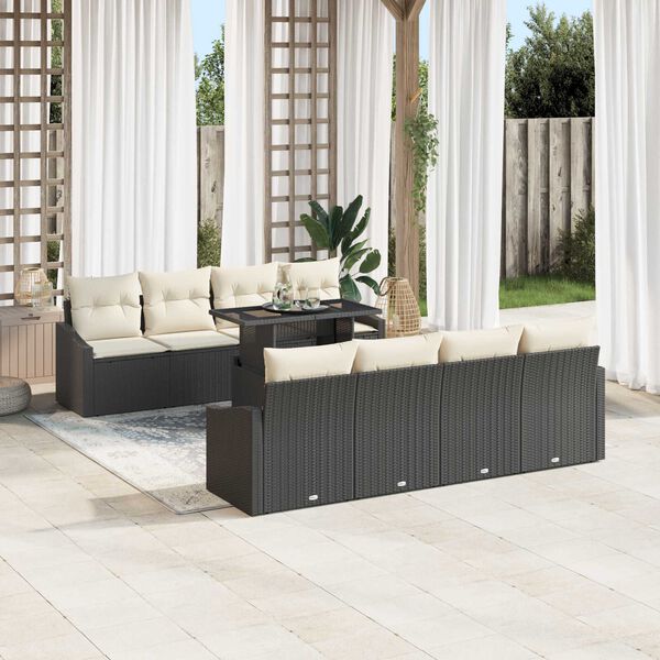 vidaXL Garten-Sofa-Set mit Kissen 7 pcs Schwarz und Creme Poly-Rattan