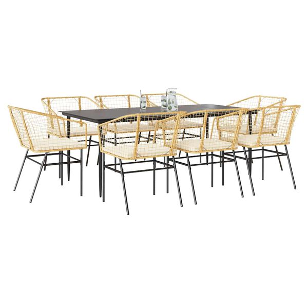vidaXL 9-tlg. Garten-Essgruppe mit Kissen Braun Poly Rattan Glas