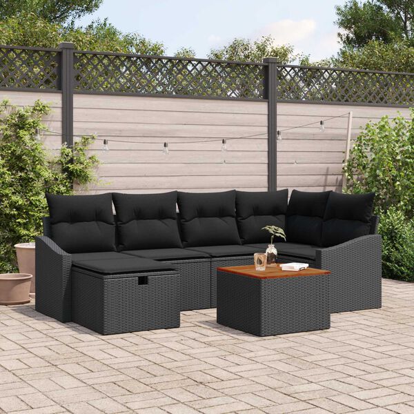 vidaXL Garten-Sofa-Set mit Kissen 7 pcs Schwarz Poly Rattan