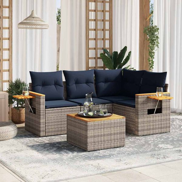 vidaXL 5-tlg. Garten-Sofagarnitur mit Kissen Grau Poly Rattan
