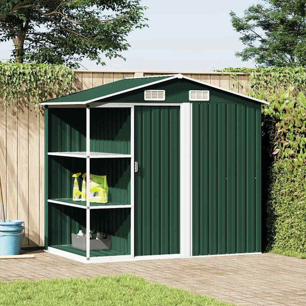 vidaXL Gartenhaus mit Regal Gr&uuml;n 205x130x183 cm Eisen