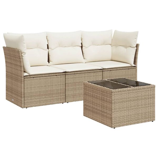 vidaXL 4-tlg. Garten-Sofagarnitur mit Kissen Beige Poly Rattan