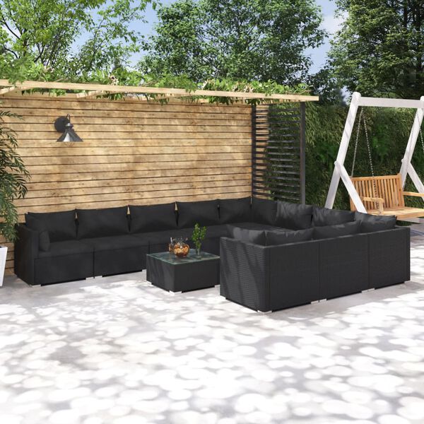 vidaXL 11-tlg. Garten-Lounge-Set mit Kissen Poly Rattan Schwarz