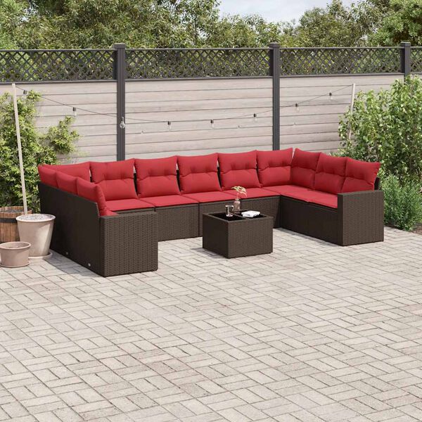 vidaXL 11-tlg. Garten-Sofagarnitur mit Kissen Braun Poly Rattan