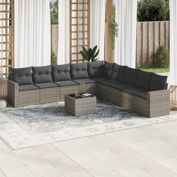 vidaXL 10-tlg. Garten-Sofagarnitur mit Kissen Grau Poly Rattan