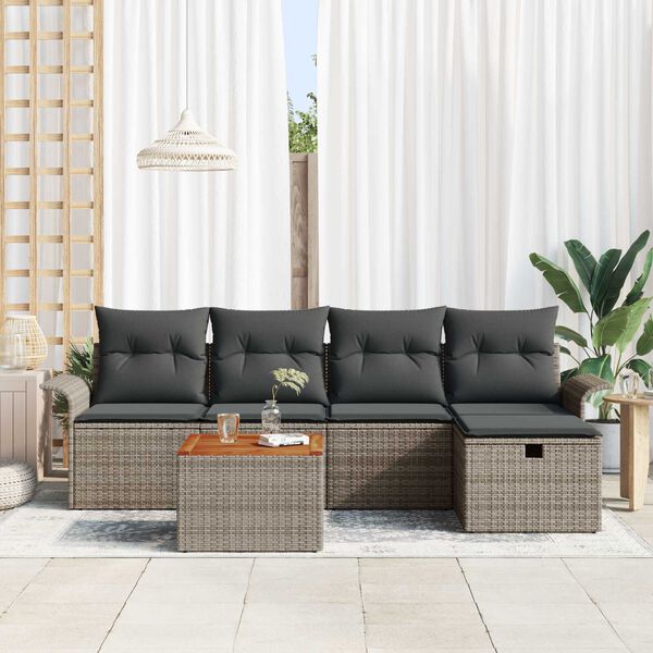 vidaXL Garten-Sofa-Set mit Kissen mit Speicher 6 pcs Grau Poly Rattan