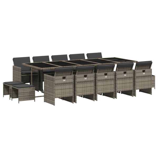 vidaXL 15-tlg. Garten-Essgruppe mit Kissen Grau Poly Rattan