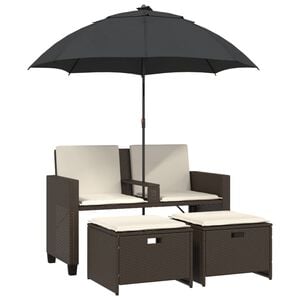 vidaXL Gartensofa 2-Sitzer Sonnenschirm und Hocker Braun Poly Rattan