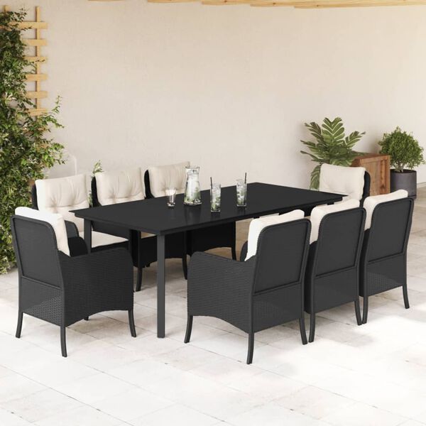 vidaXL 9-tlg. Garten-Essgruppe mit Kissen Schwarz Poly Rattan