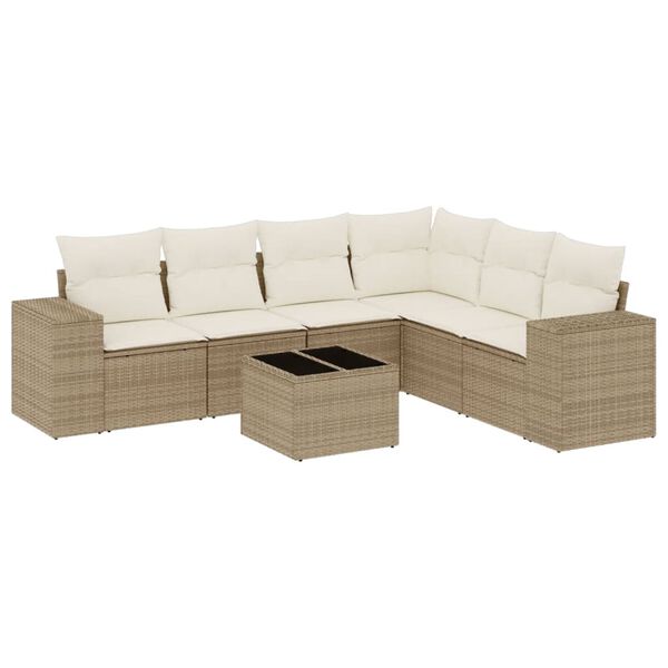 vidaXL 7-tlg. Garten-Sofagarnitur mit Kissen Beige Poly Rattan