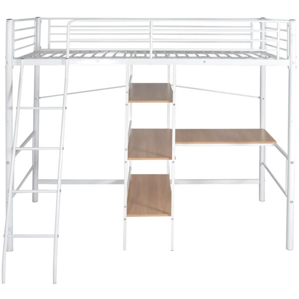 vidaXL Hochbett mit Schreibtisch Wei&szlig; & Braun Metall 90&times;200 cm