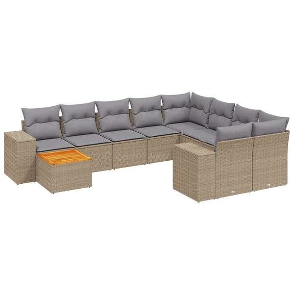 vidaXL 10-tlg. Garten-Sofagarnitur mit Kissen Beige Poly Rattan