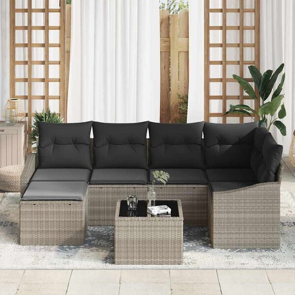 vidaXL Sofa Set mit Kissen 7 pcs Hellgrau Poly Rattan