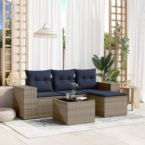 vidaXL 5-teiliges Gartensofa-Set mit Kissen, grau, Polyrattan