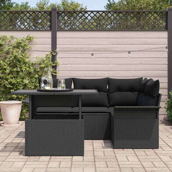 vidaXL Garten-Sofa-Set mit Kissen 5 pcs Schwarz Poly Rattan