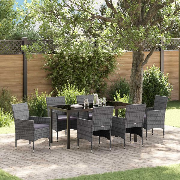 vidaXL Garten Essgruppe mit Kissen 7 pcs Grau Poly-Rattan