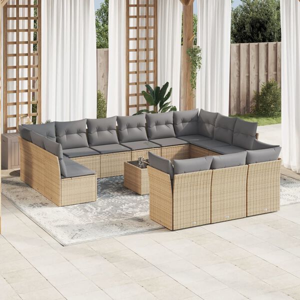vidaXL 14-tlg. Garten-Sofagarnitur mit Kissen Beige Poly Rattan