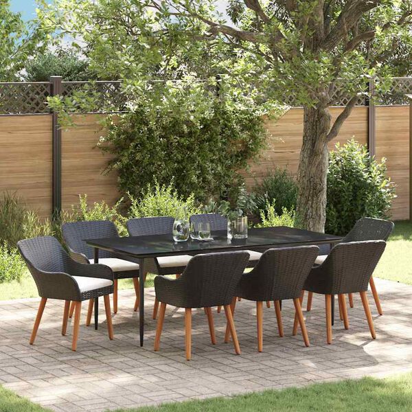 vidaXL Garten Essgruppe mit Kissen 9 pcs Schwarz Poly-Rattan