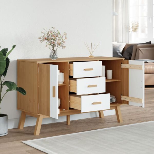 vidaXL Sideboard OLDEN Weiß und Braun 114x43x73,5 cm Massivholz Kiefer