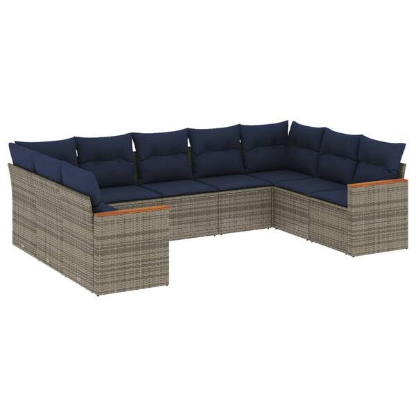 vidaXL 9-teiliges Gartensofa-Set mit Kissen, grau, Polyrattan