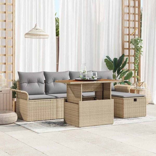 vidaXL Garten-Sofa-Set mit Kissen mit Speicher 6 pcs Beige Poly Rattan