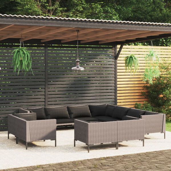 vidaXL 11-tlg. Garten-Lounge-Set mit Kissen Poly Rattan Dunkelgrau