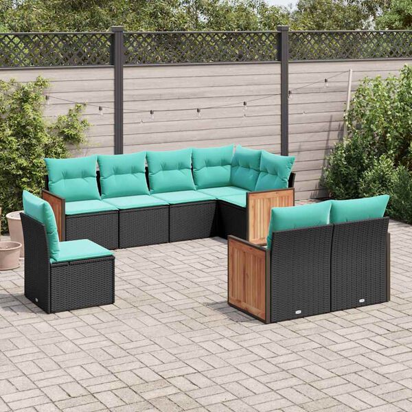 vidaXL 8-teiliges Gartensofa-Set mit Kissen, schwarzes Polyrattan