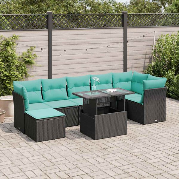 vidaXL 8-tlg. Garten-Sofagarnitur mit Kissen Schwarz Poly Rattan
