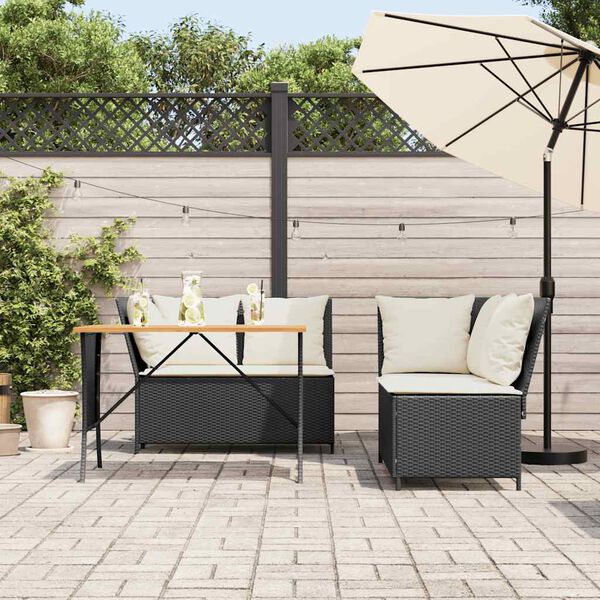 vidaXL 3-tlg. Garten-Sofagarnitur mit Kissen Schwarz Poly Rattan
