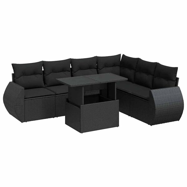 vidaXL 7-tlg. Garten-Sofagarnitur mit Kissen Schwarz Poly Rattan