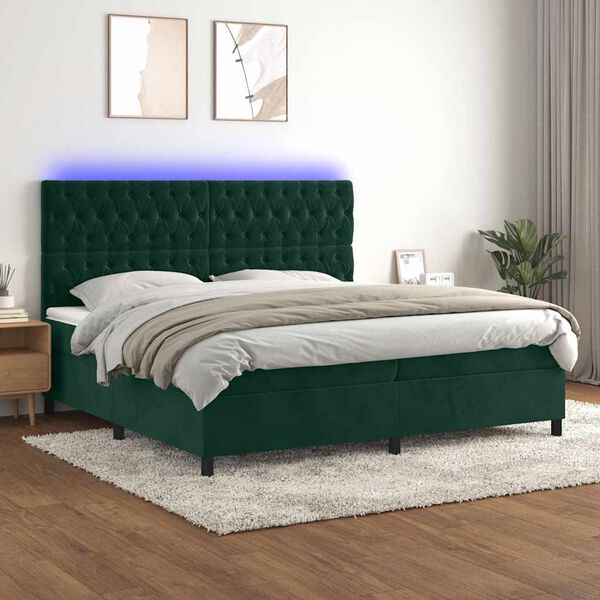 vidaXL Boxspringbett mit Matratze & LED Dunkelgr&uuml;n 200x200 cm Samt
