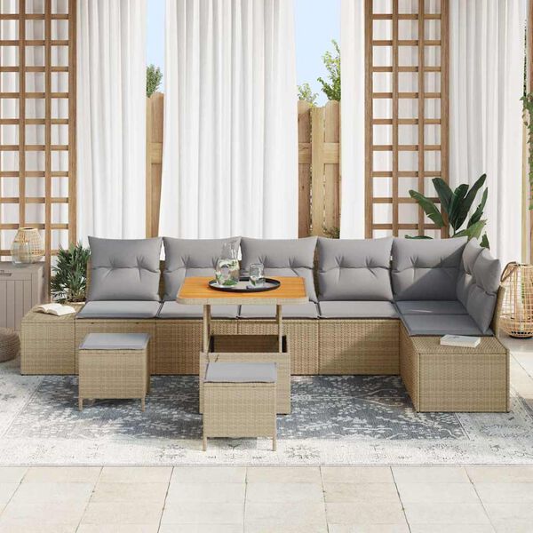 vidaXL Gartensofa-set mit Kissen mit Speicher 9 pcs Beige Poly Rattan
