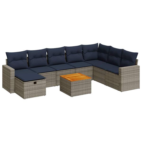 vidaXL 9-tlg. Garten-Sofagarnitur mit Kissen Grau Poly Rattan