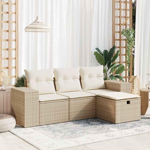 vidaXL 4-tlg. Garten-Sofagarnitur mit Kissen Beige Poly Rattan