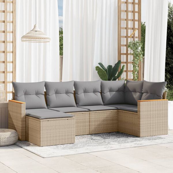 vidaXL 6-tlg. Garten-Sofagarnitur mit Kissen Beige Poly Rattan