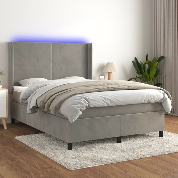 vidaXL Boxspringbett mit Matratze & LED Hellgrau 140x200 cm Samt