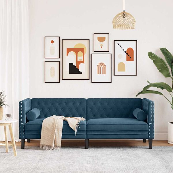 vidaXL Chesterfield-Sofa mit Nackenrollen 3-Sitzer Blau Samt