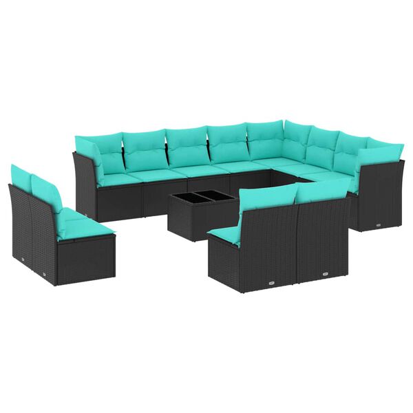 vidaXL 13-tlg. Garten-Sofagarnitur mit Kissen Schwarz Poly Rattan