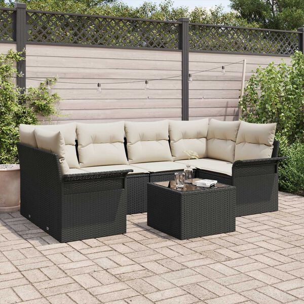 vidaXL Garten-Sofa-Set mit Kissen mit Speicher 7 pcs Schwarz und Creme