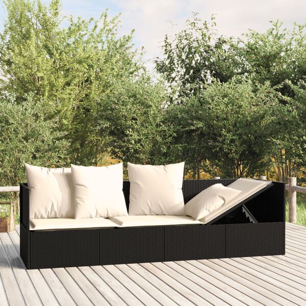 vidaXL Outdoor-Loungebett mit Kissen Schwarz Poly Rattan